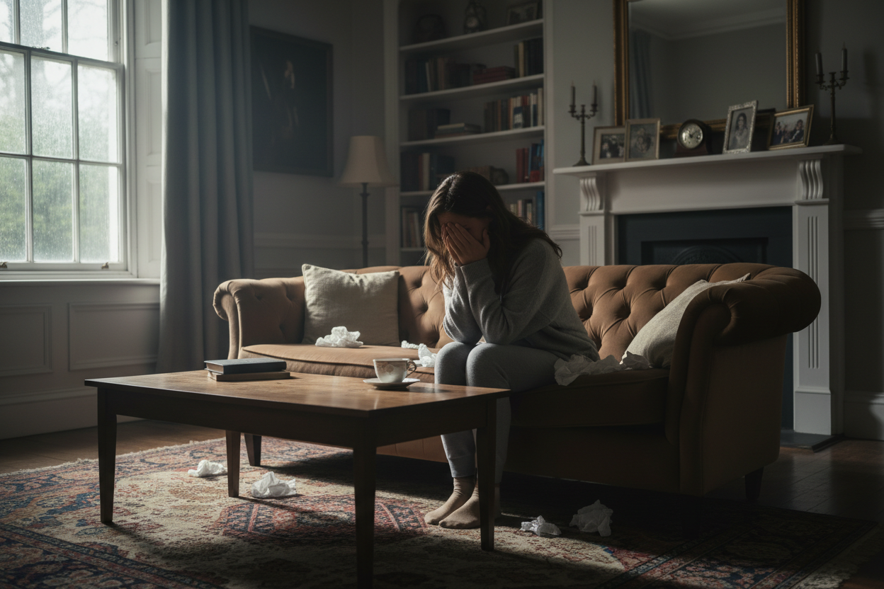mujer llorando, en la sala de su casa